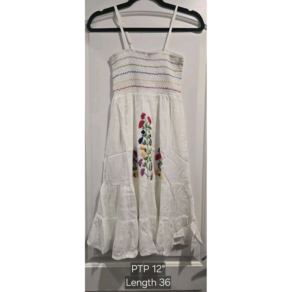 Raga White Spaghetti Strap Smocked Floral Embroidered Boho Summer Dress Sz S NWT
